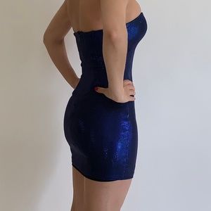 Bebe Metallic Blue Strapless Mini Dress